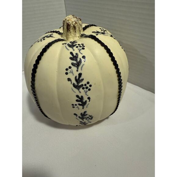 Styrofoam Decorated Pumpkin Neutral Fall Decor w/ Navy Leaf Design - Picture 5 of 8